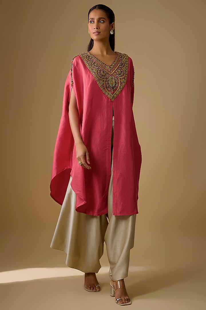 Deep Coral Silk Thread Work Kaftan Set by Prisho at Pernia's Pop Up Shop