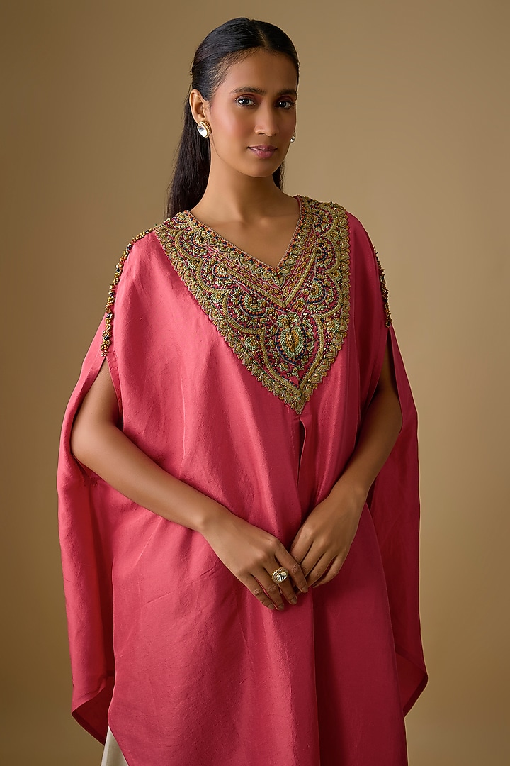 Deep Coral Silk Thread Work Kaftan Set by Prisho at Pernia's Pop Up Shop