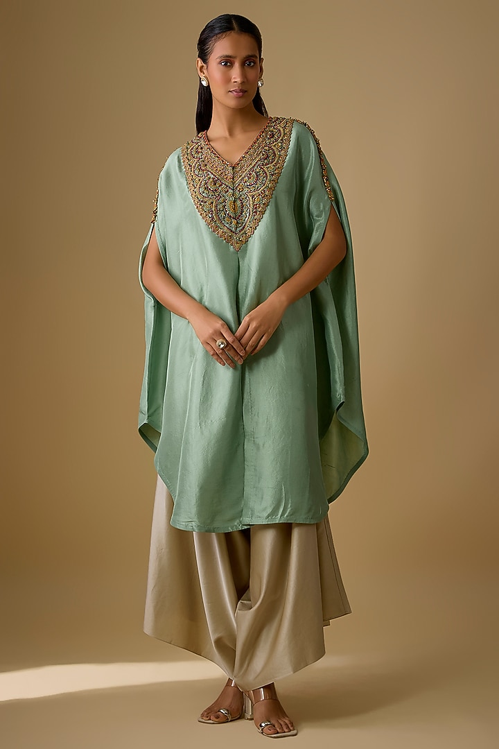 Aqua Silk Thread Work Kaftan Set by Prisho at Pernia's Pop Up Shop