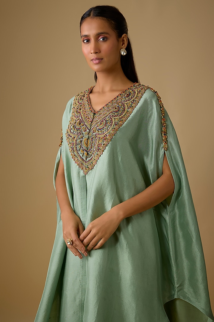 Aqua Silk Thread Work Kaftan Set by Prisho at Pernia's Pop Up Shop