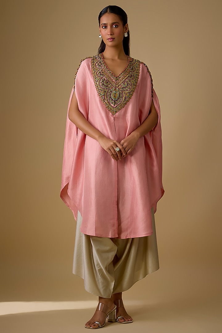 Deep Peach Silk Thread Work Kaftan Set by Prisho at Pernia's Pop Up Shop