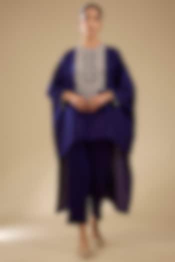 Royal Blue Silk Resham Work High-Low Kaftan Set by Prisho at Pernia's Pop Up Shop