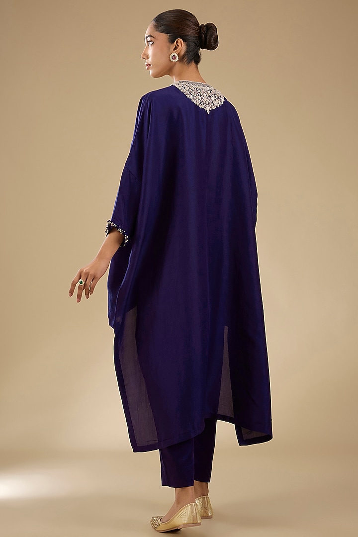 Royal Blue Silk Resham Work High-Low Kaftan Set by Prisho at Pernia's Pop Up Shop