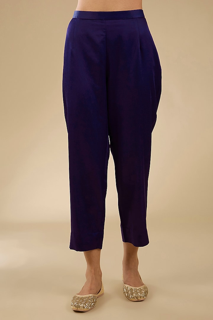 Royal Blue Silk Resham Work High-Low Kaftan Set by Prisho at Pernia's Pop Up Shop