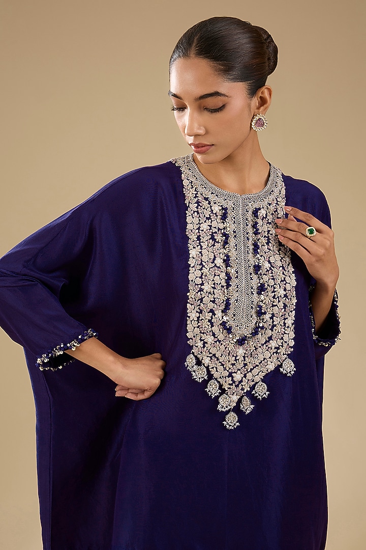 Royal Blue Silk Resham Work High-Low Kaftan Set by Prisho at Pernia's Pop Up Shop