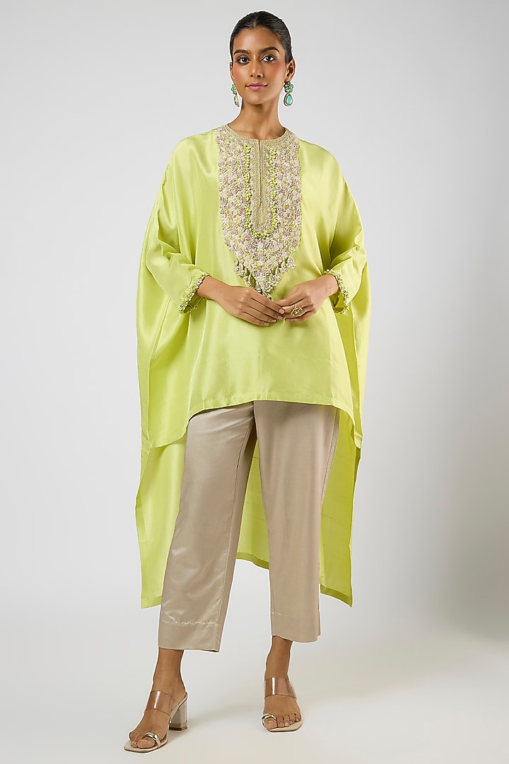 Lemon Green Silk Resham Embroidered High-Low Kaftan Set by Prisho at Pernia's Pop Up Shop