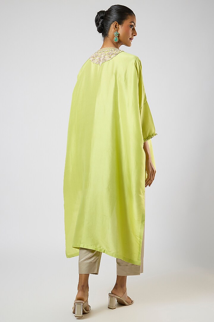 Lemon Green Silk Resham Embroidered High-Low Kaftan Set by Prisho at Pernia's Pop Up Shop