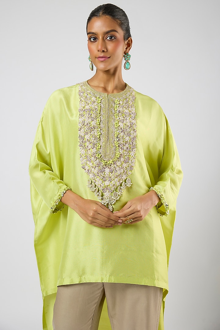 Lemon Green Silk Resham Embroidered High-Low Kaftan Set by Prisho at Pernia's Pop Up Shop