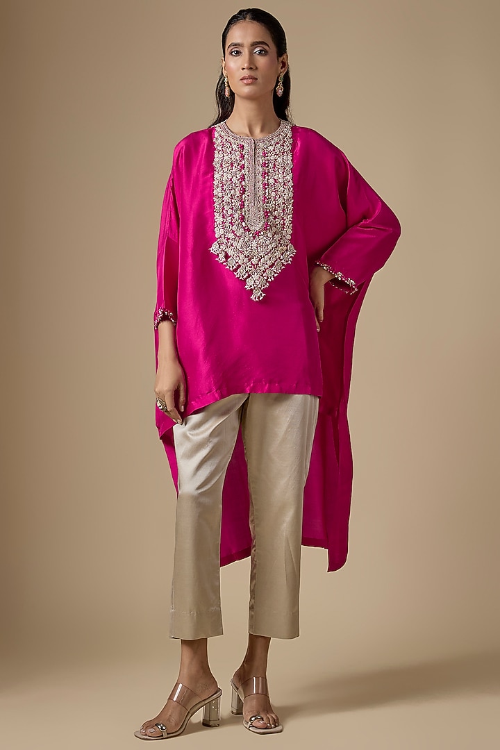Fuchsia Pink Silk Resham Work Kaftan Set by Prisho at Pernia's Pop Up Shop