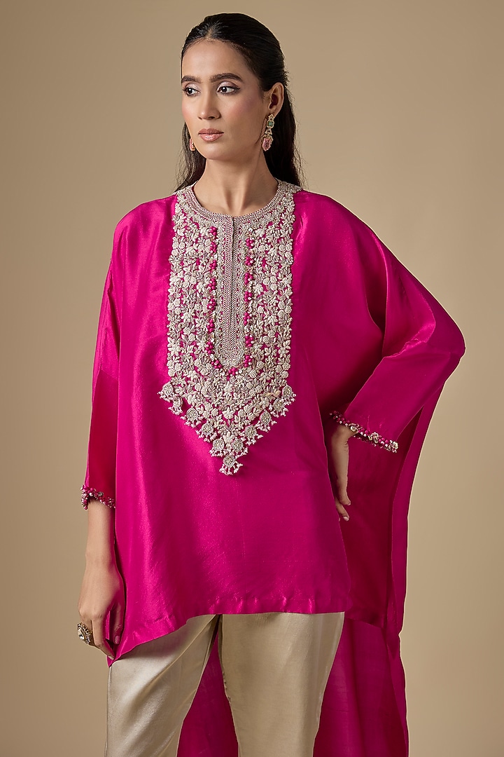 Fuchsia Pink Silk Resham Work Kaftan Set by Prisho at Pernia's Pop Up Shop