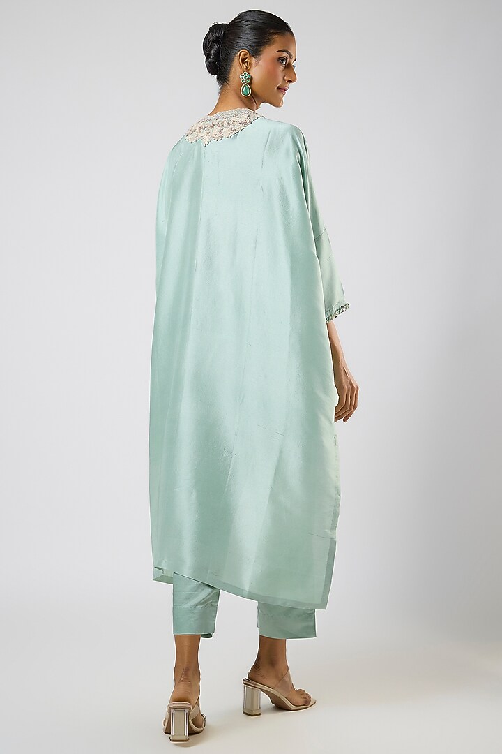 Aqua Silk Resham Embroidered High-Low Kaftan Set by Prisho at Pernia's Pop Up Shop