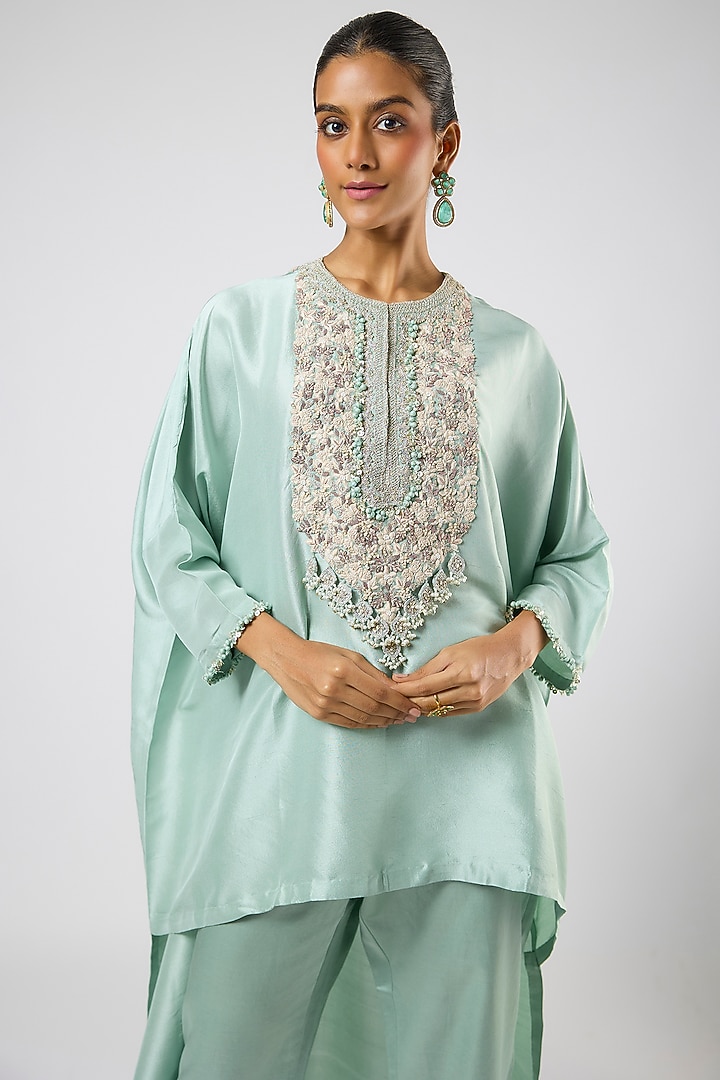 Aqua Silk Resham Embroidered High-Low Kaftan Set by Prisho at Pernia's Pop Up Shop