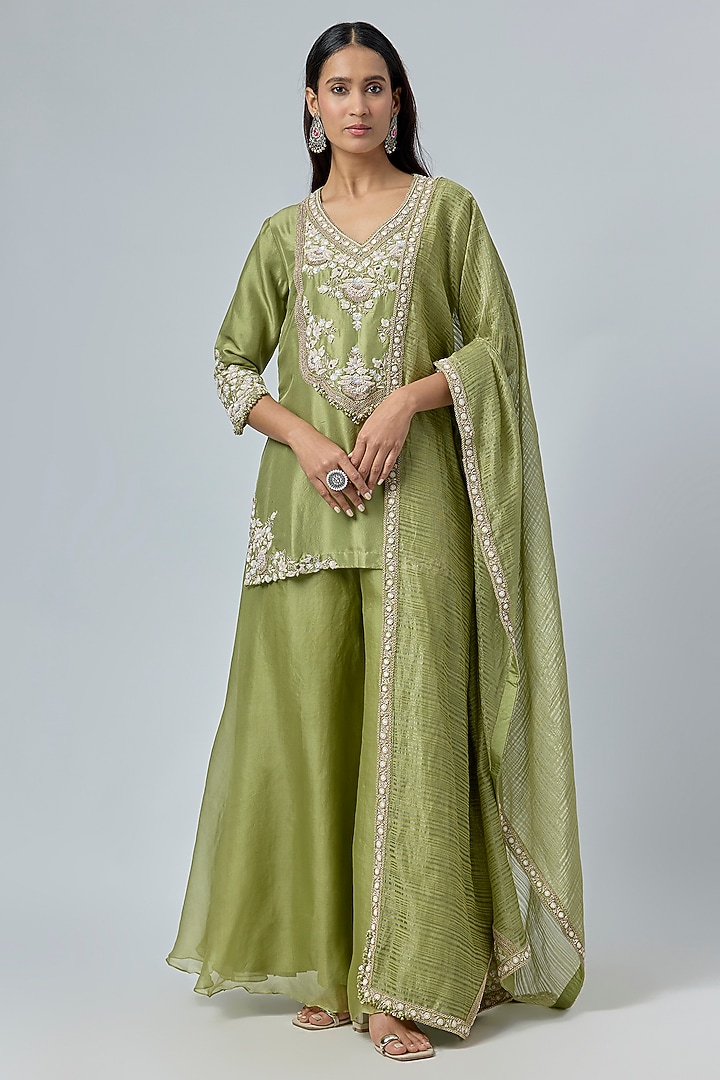 Sea Green Silk & Organza Wedding Sharara Set by Prisho at Pernia's Pop Up Shop