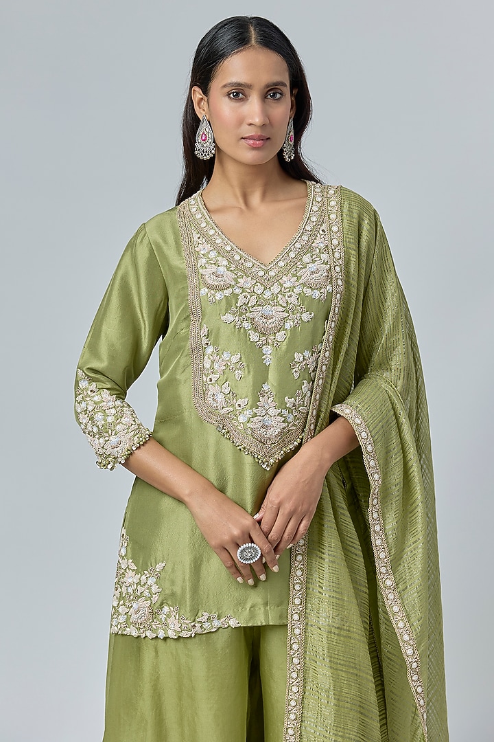Sea Green Silk & Organza Wedding Sharara Set by Prisho at Pernia's Pop Up Shop