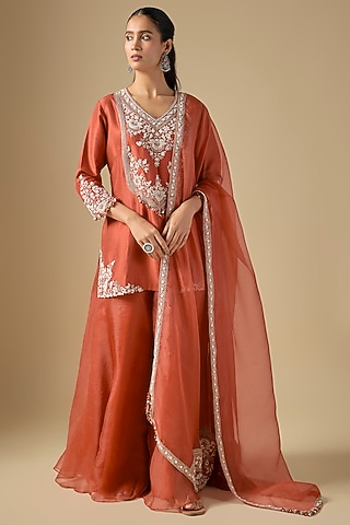 Deep Orange Organza Sharara Set by Prisho
