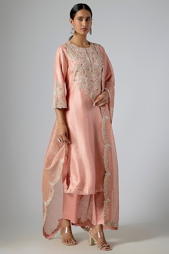 Flamingo Pink Silk Resham Embroidered Kurta Set by Prisho at Pernia's Pop Up Shop