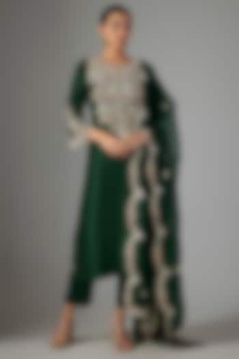 Bottle Green Silk Resham Work Kurta Set by Prisho at Pernia's Pop Up Shop