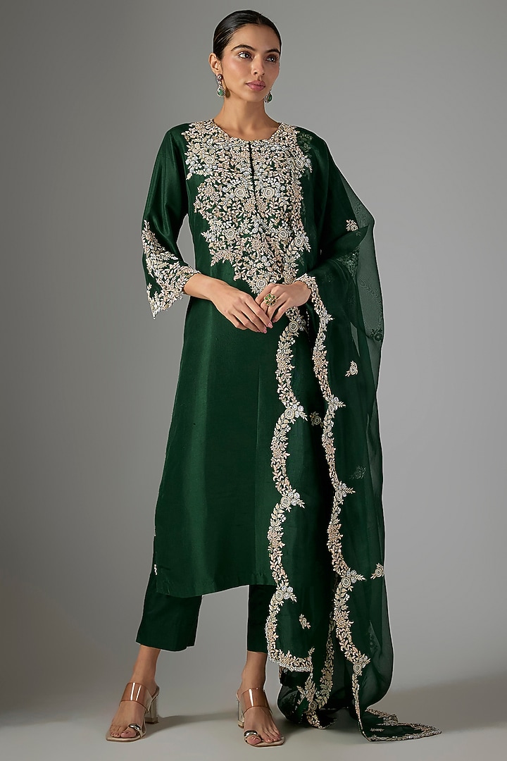 Bottle Green Silk Resham Work Kurta Set by Prisho at Pernia's Pop Up Shop