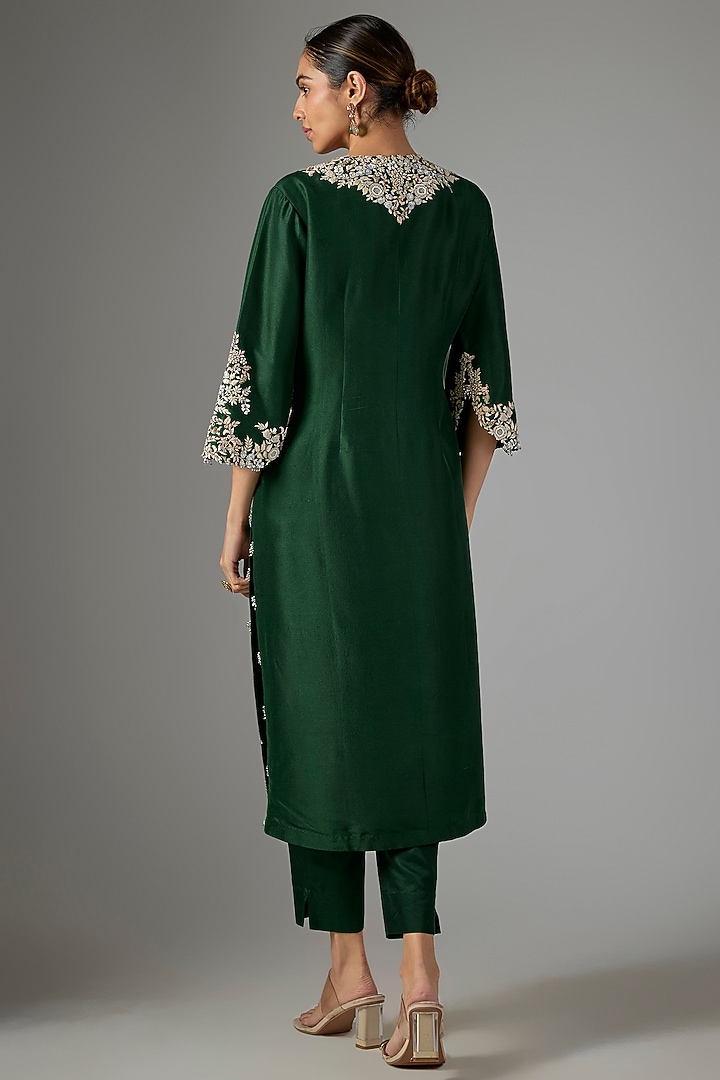 Bottle Green Silk Resham Work Kurta Set by Prisho at Pernia's Pop Up Shop
