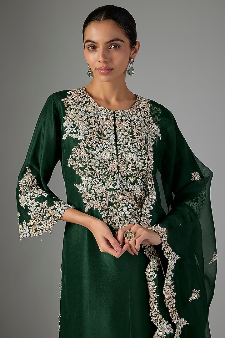 Bottle Green Silk Resham Work Kurta Set by Prisho at Pernia's Pop Up Shop