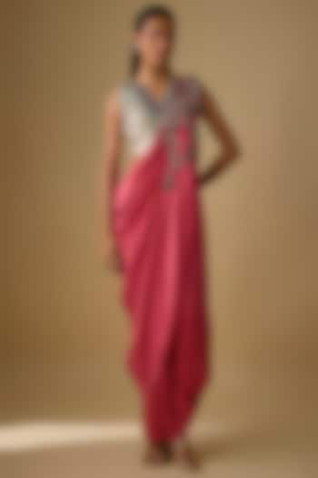 Deep Peach Silk Thread Work Draped Wedding Saree Set by Prisho at Pernia's Pop Up Shop