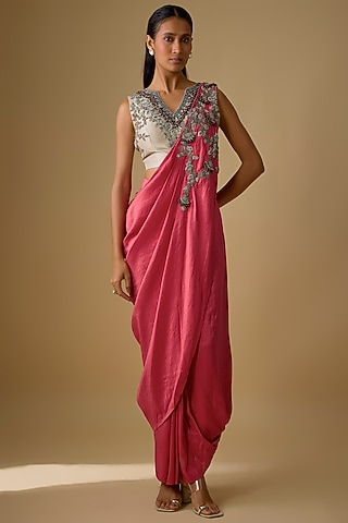 Deep Peach Silk Thread Work Draped Saree Set by Prisho