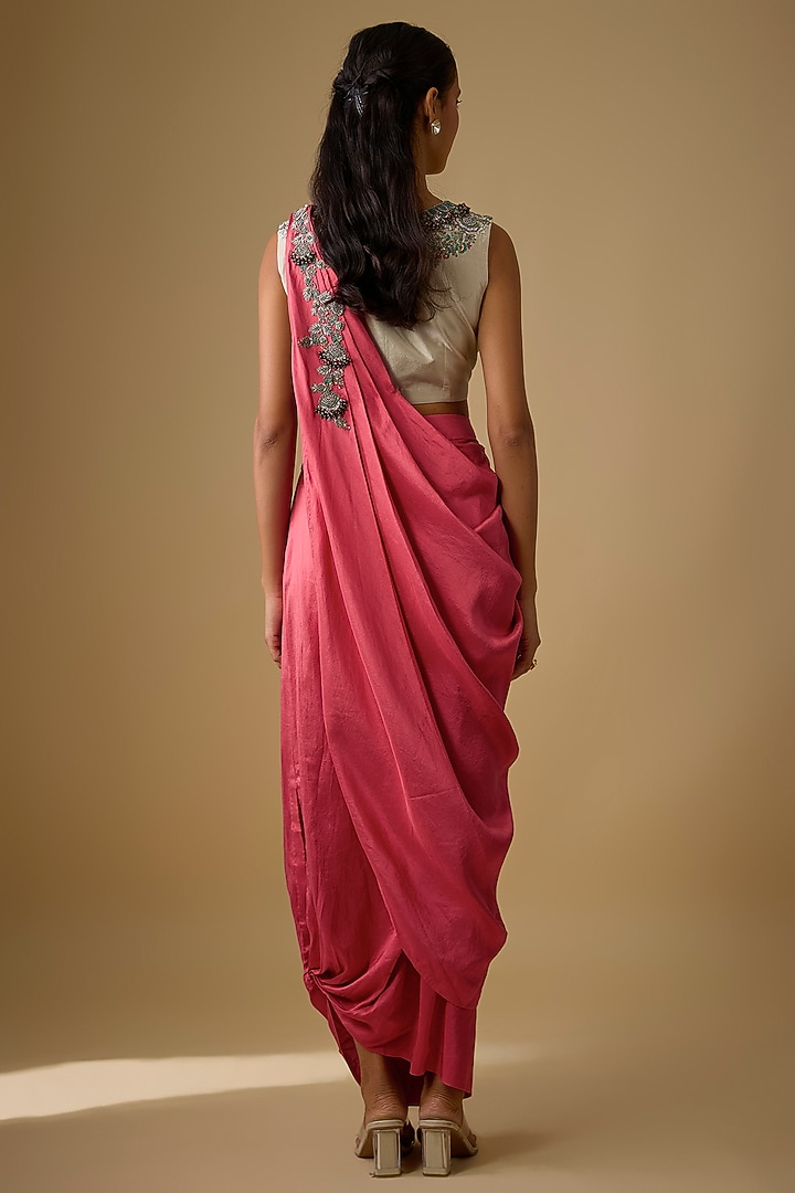 Deep Peach Silk Thread Work Draped Wedding Saree Set by Prisho at Pernia's Pop Up Shop