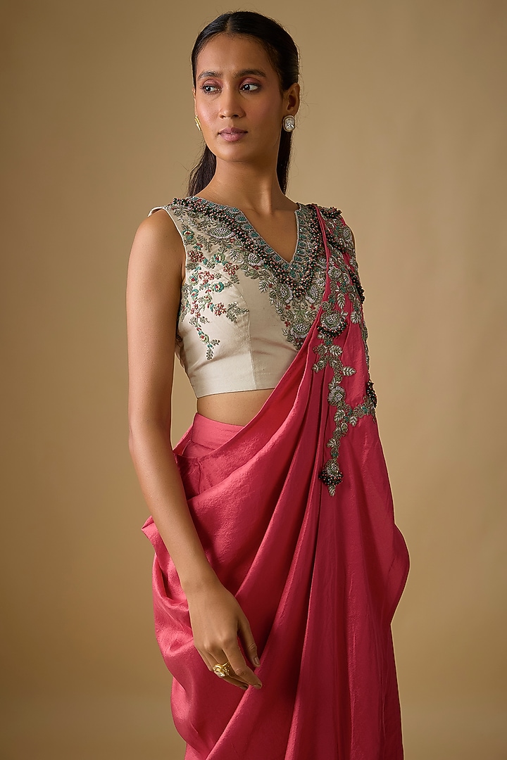 Deep Peach Silk Thread Work Draped Wedding Saree Set by Prisho at Pernia's Pop Up Shop