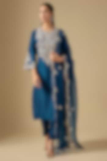 Blue Silk Resham Work Kurta Set by Prisho at Pernia's Pop Up Shop