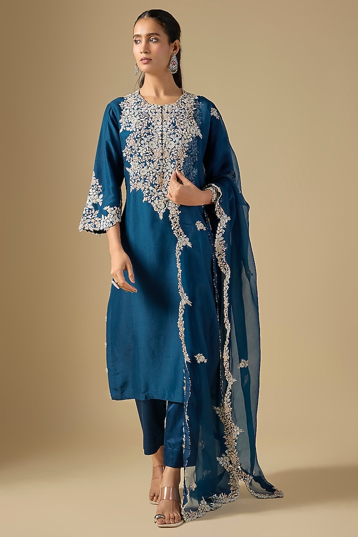 Blue Silk Resham Work Kurta Set by Prisho at Pernia's Pop Up Shop