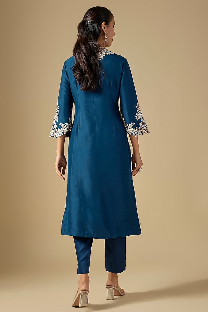 Blue Silk Resham Work Kurta Set by Prisho at Pernia's Pop Up Shop