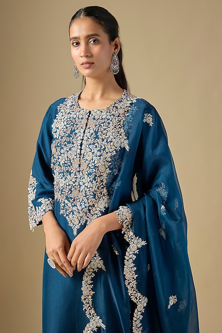 Blue Silk Resham Work Kurta Set by Prisho at Pernia's Pop Up Shop