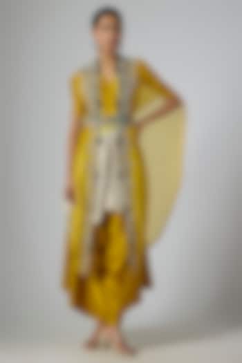 Mustard Organza Thread Embroidered Cape Set by Prisho at Pernia's Pop Up Shop