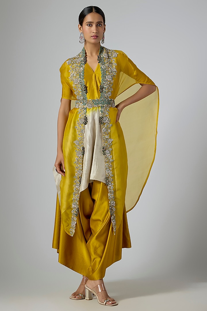Mustard Organza Thread Embroidered Cape Set by Prisho at Pernia's Pop Up Shop