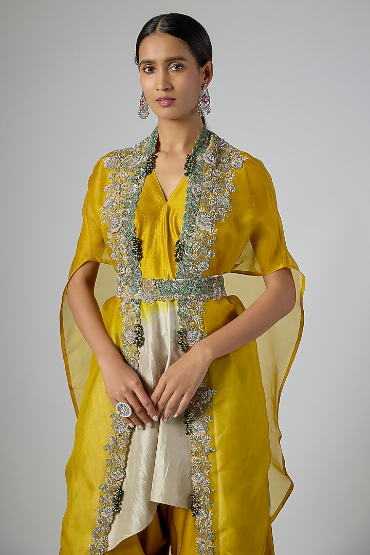 Mustard Organza Thread Embroidered Cape Set by Prisho at Pernia's Pop Up Shop