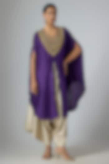 Dark Purple Silk Thread Embroidered Kaftan Set by Prisho at Pernia's Pop Up Shop