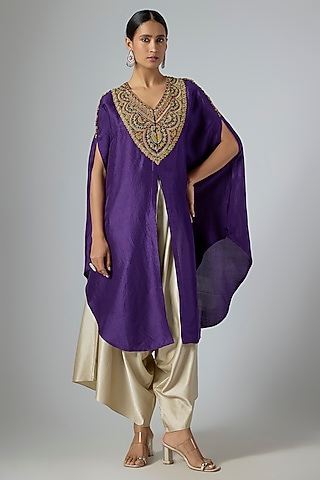 Dark Purple Silk Thread Embroidered Kaftan Set by Prisho
