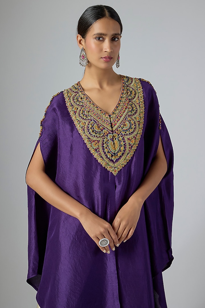 Dark Purple Silk Thread Embroidered Kaftan Set by Prisho at Pernia's Pop Up Shop