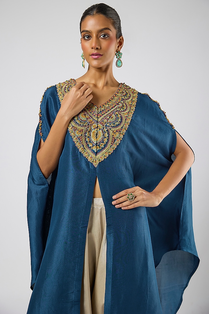 Blue Silk Thread Embroidered V-Neck Kaftan Set by Prisho at Pernia's Pop Up Shop