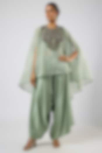 Aqua Tissue Thread Embroidered Umbrella Kaftan Set by Prisho at Pernia's Pop Up Shop