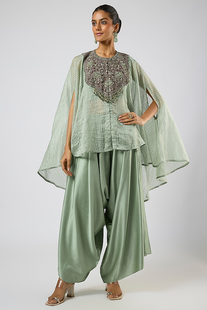 Aqua Tissue Thread Embroidered Umbrella Kaftan Set by Prisho at Pernia's Pop Up Shop
