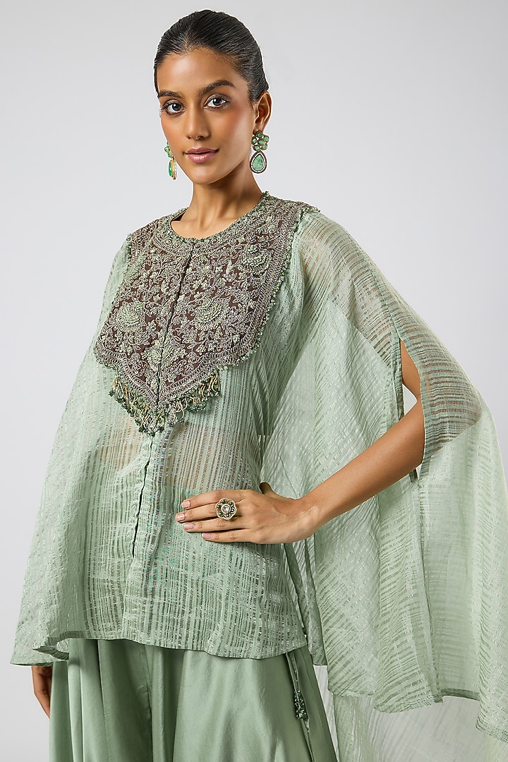 Aqua Tissue Thread Embroidered Umbrella Kaftan Set by Prisho at Pernia's Pop Up Shop