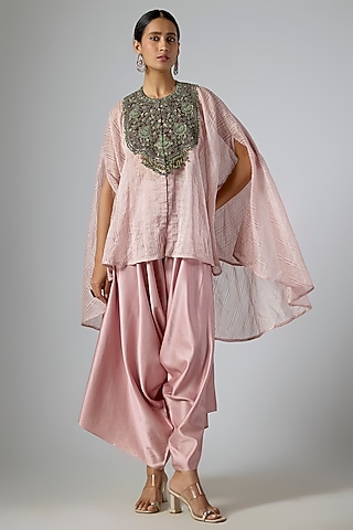 Pink Tissue Thread Embroidered Kaftan Set by Prisho