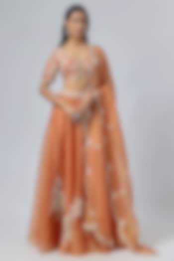 Rust Silk & Organza Resham Embroidered Wedding Lehenga Set by Prisho at Pernia's Pop Up Shop