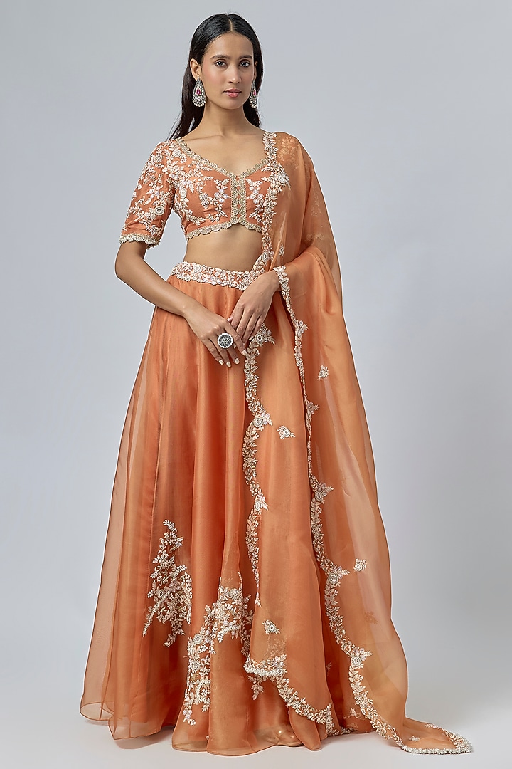 Rust Silk & Organza Resham Embroidered Wedding Lehenga Set by Prisho at Pernia's Pop Up Shop
