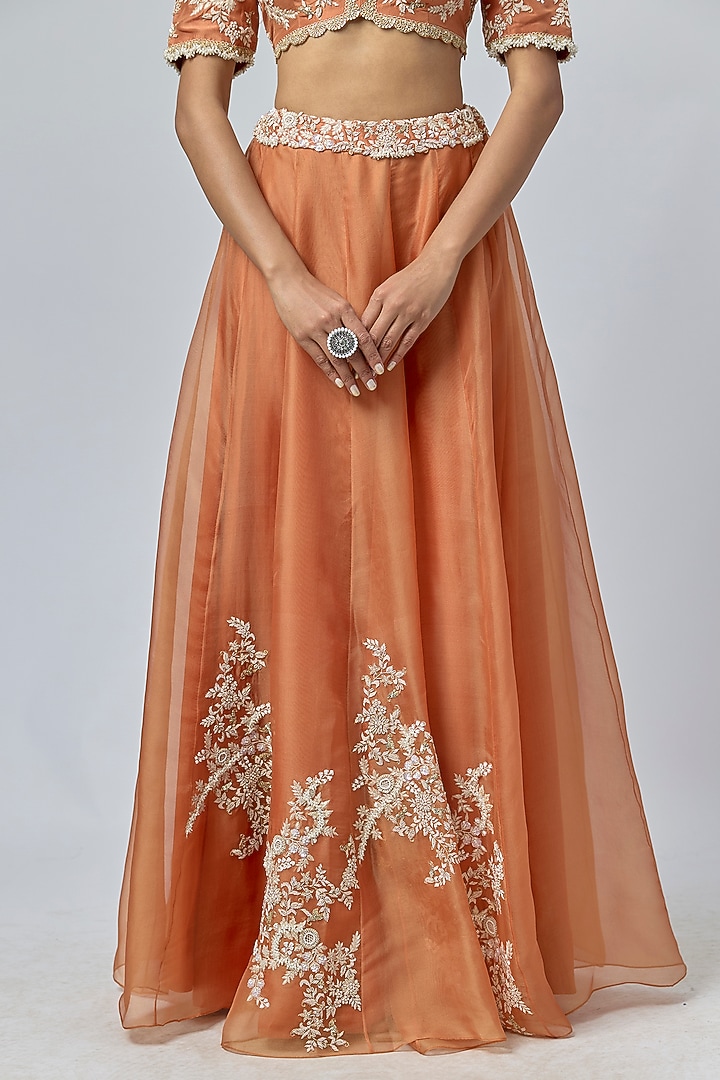 Rust Silk & Organza Resham Embroidered Wedding Lehenga Set by Prisho at Pernia's Pop Up Shop