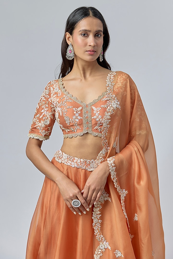 Rust Silk & Organza Resham Embroidered Wedding Lehenga Set by Prisho at Pernia's Pop Up Shop