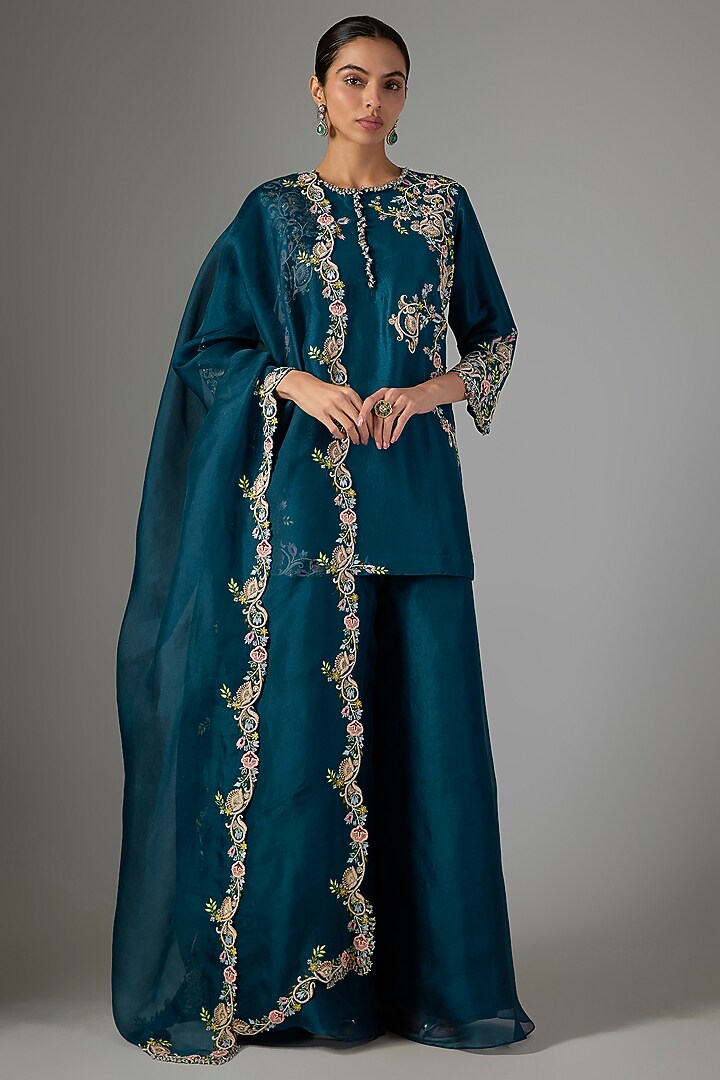 Blue Organza Wedding Sharara Set by Prisho at Pernia's Pop Up Shop