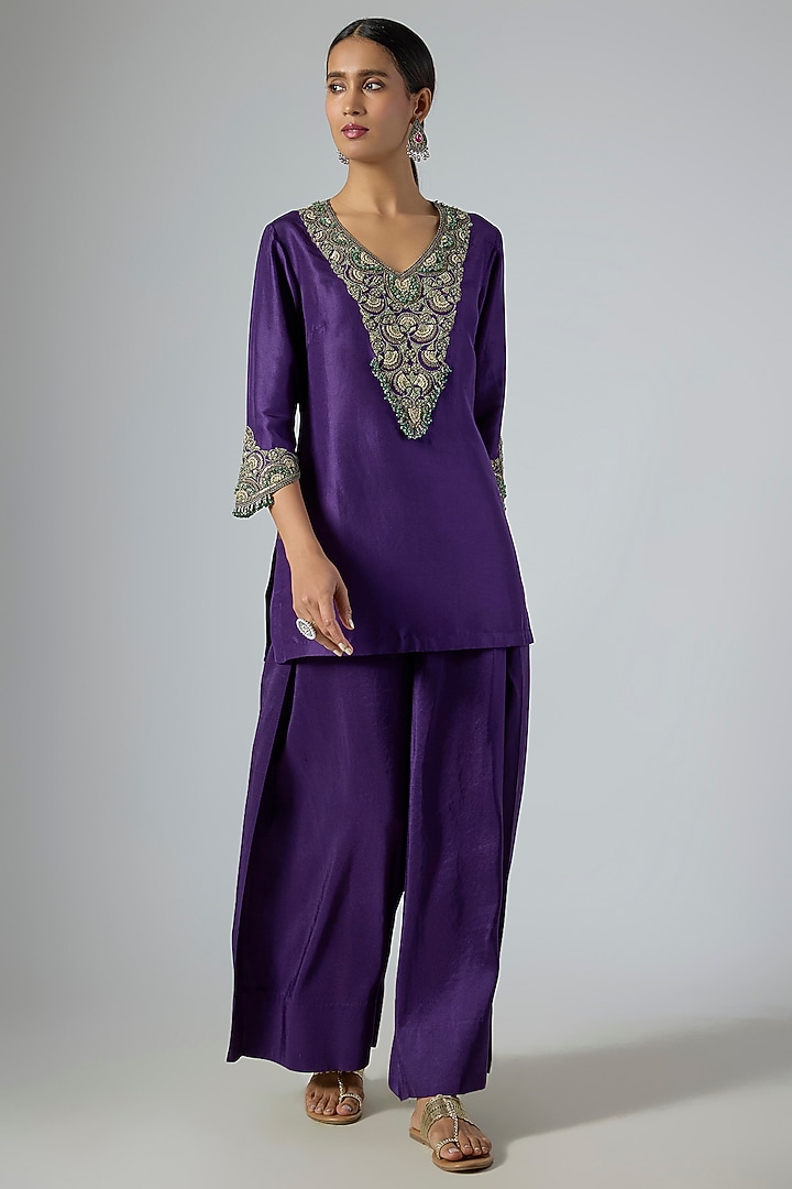 Dark Purple Silk Thread Embroidered Kurta Set by Prisho at Pernia's Pop Up Shop