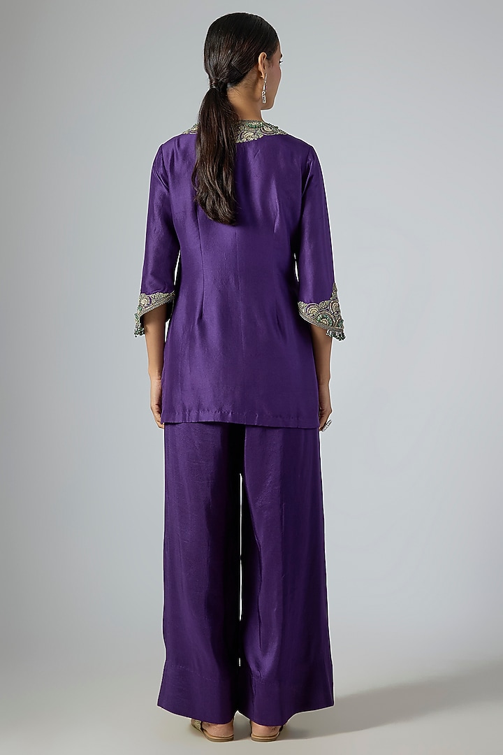 Dark Purple Silk Thread Embroidered Kurta Set by Prisho at Pernia's Pop Up Shop